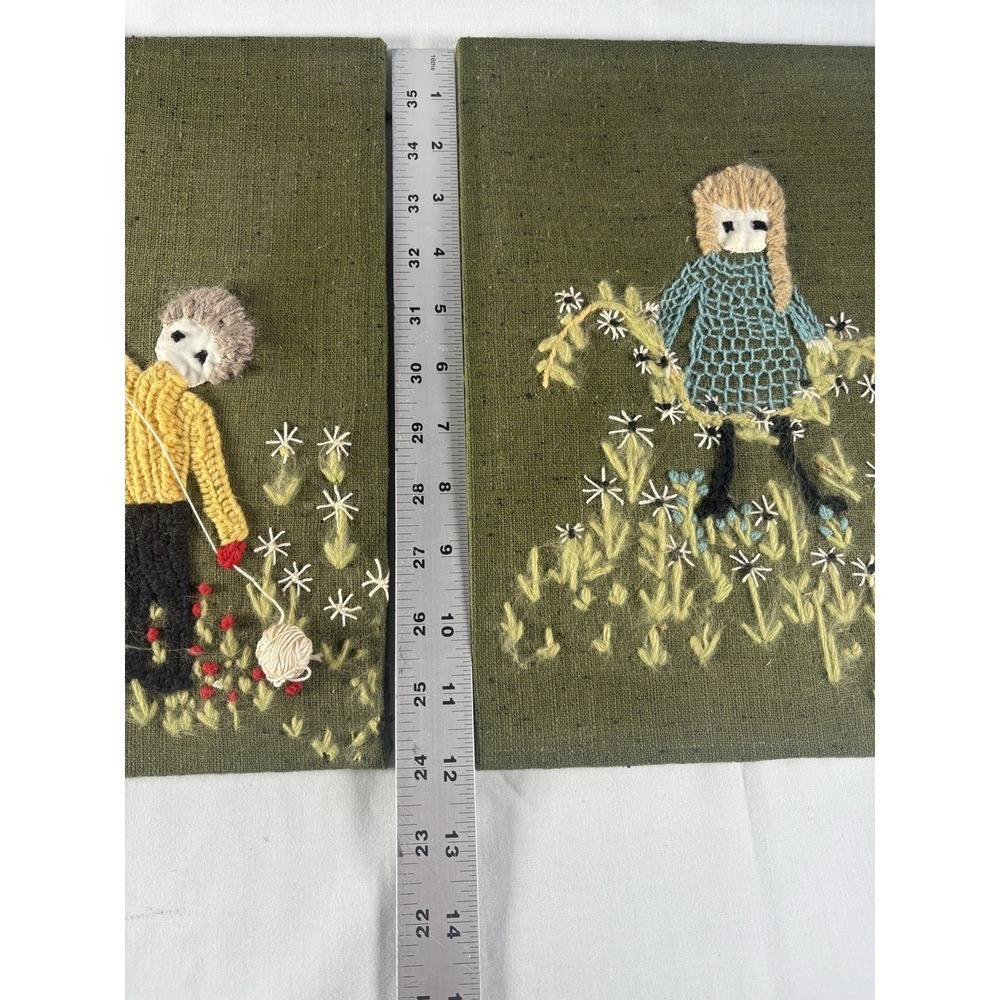 Crewel Needlepoint Art SET OF 2 Boy Girl Kite Flowers Board Back unframed 70's - Picture 8 of 12